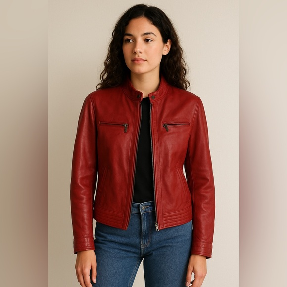 Vintage 90’s Tommy Hilfiger Red Leather Moto Jacket Preppy Americana Streetwear - Picture 3 of 9